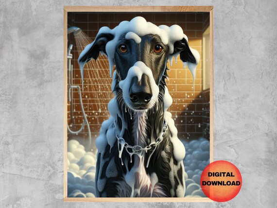 Black Greyhound In Shower Wall Art Funny Dog Bathtub Poster Kids Bathroom Print Whimsical Lover Mom Dad Gift