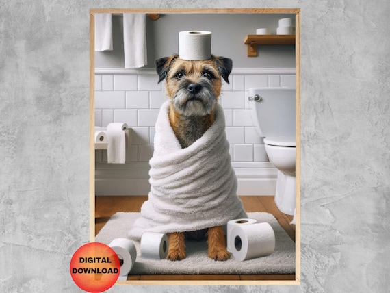 Border Terrier Funny Bathroom Wall Art Wrapped In Towel Poster Kids Toilet Animal Decor Dog Lover Pet Gift