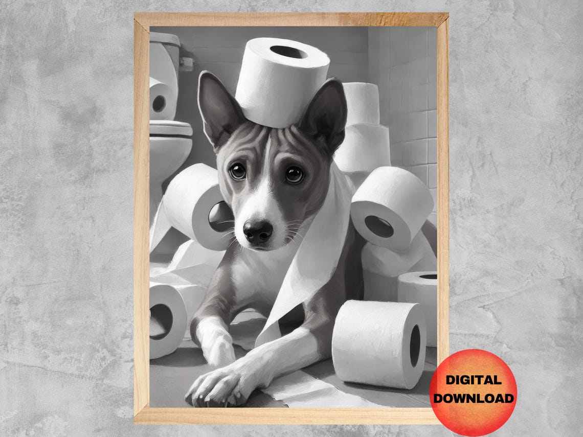 Basenji Puppy Toilet Paper Hat Funny Black White Bathroom Poster
