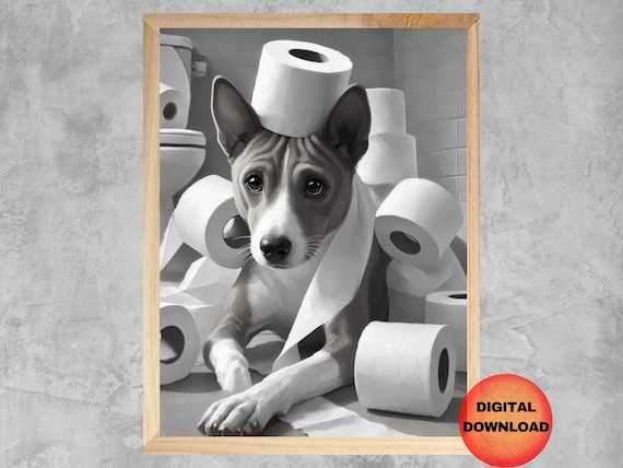 Basenji Toilet Black And White Print Funny Bathroom Decor Dog Paper Poster Whimsy Animal Art Lover