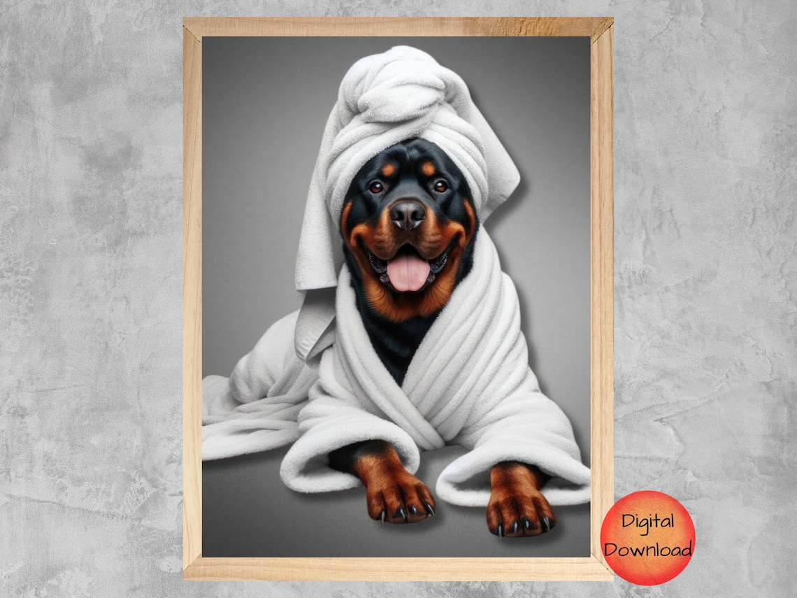 Funny Rottweiler Bathrobe Wall Art Dog With Towel Turban Bathroom Humor Fun