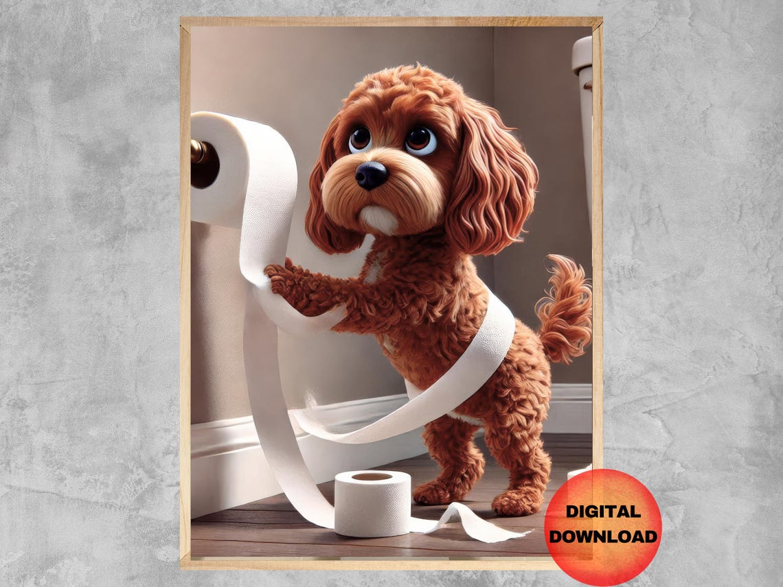 Red Cavapoo Tangled In Toilet Paper Funny Kids Bathroom Dog Poster