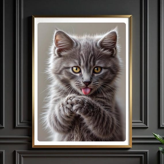 Playful Kitten Print Funny Gray Cat Sticking Tongue Out