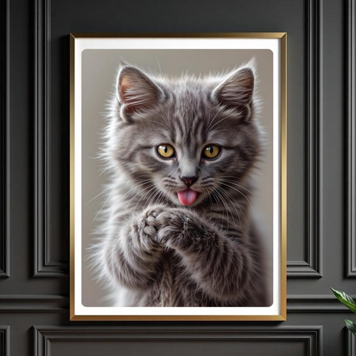 Playful Gray Kitten Sticking Tongue Out Funny Cute Cat Poster