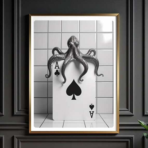 Surreal Octopus On Ace Of Spades Card Black And White Bathroom Poster