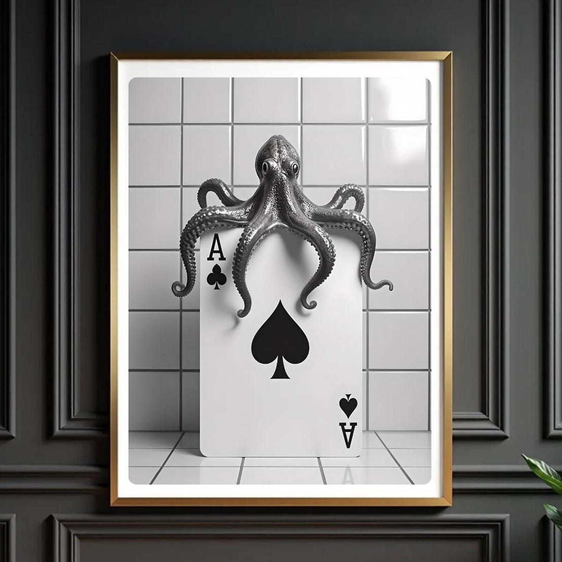Surreal Octopus Ace Of Spades Art Print Black And White Bathroom Decor