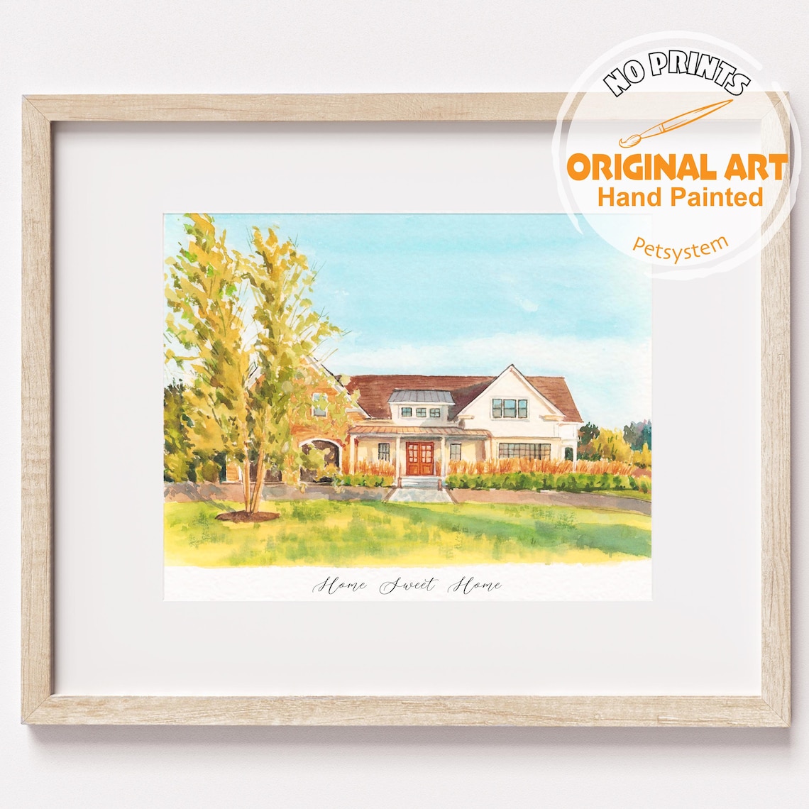 Brick Farmhouse Home Sweet Home Watercolor with Autumn Trees Poster