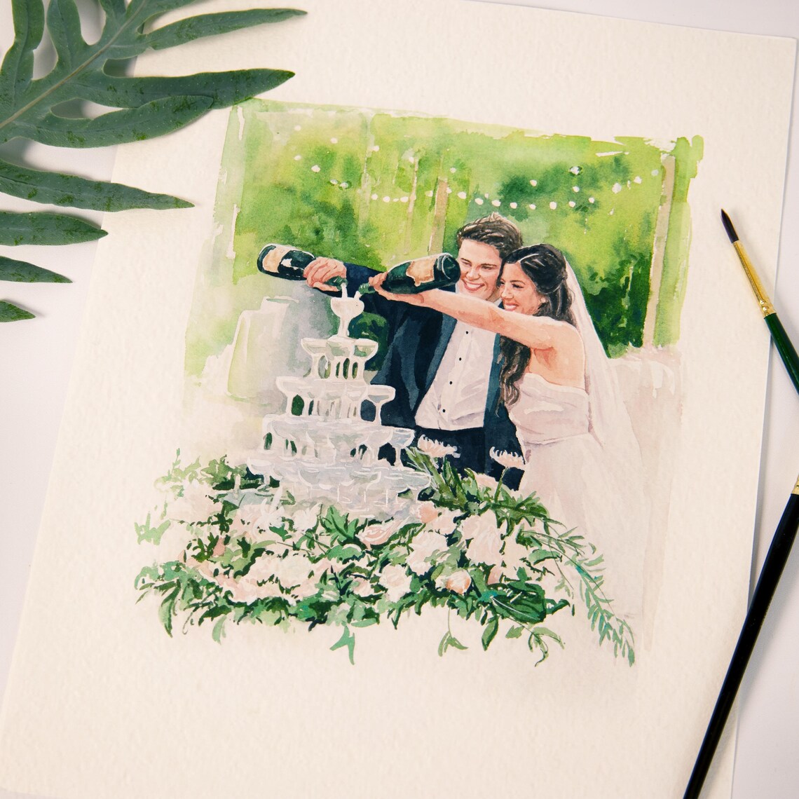 Newlyweds Kissing with Two Bow Tied Cats Watercolor Portrait Poster - Image 3