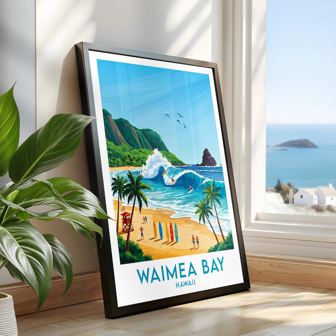 Waimea Bay Hawaii Big Wave Surfing Beach Palm Trees Surf Art Poster - Image 2