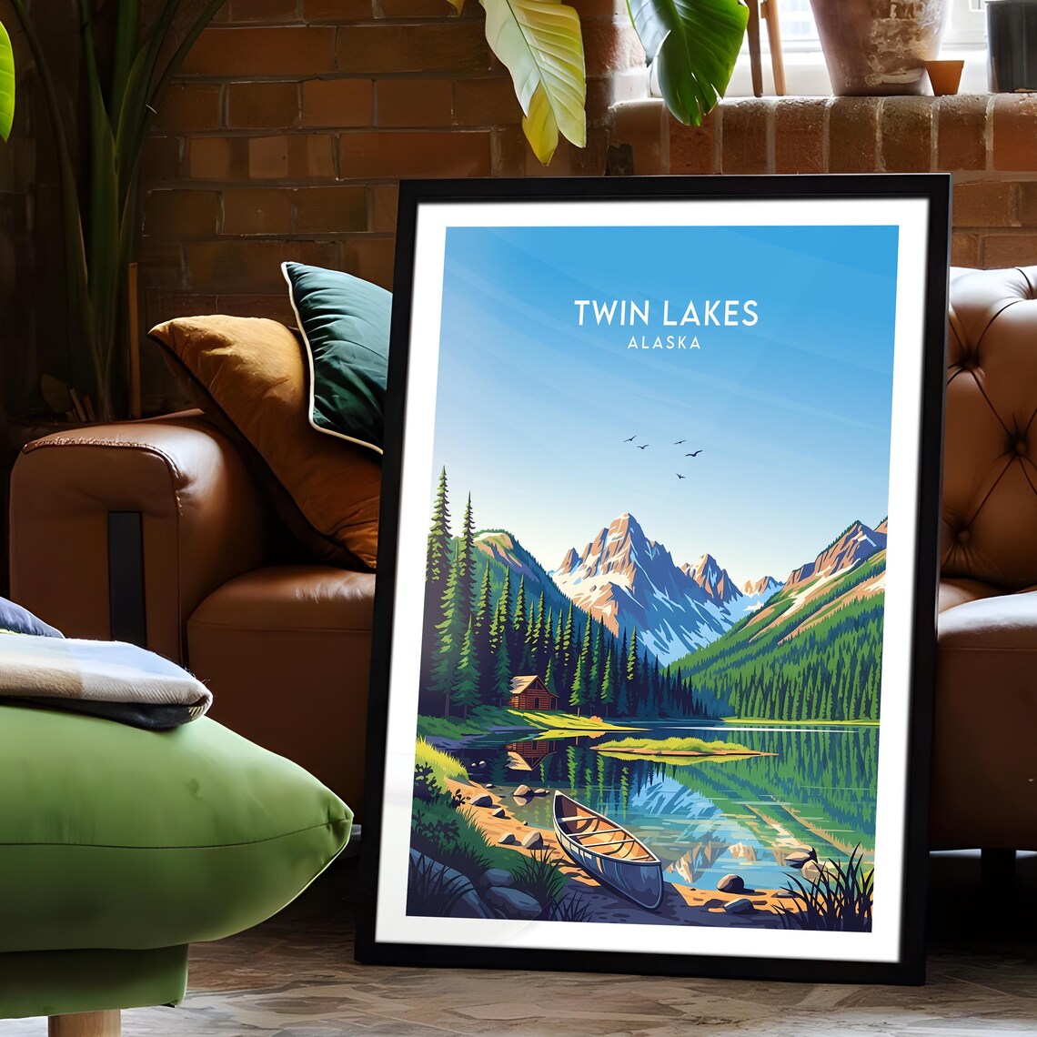 Twin Lakes Alaska Log Cabin Canoe Mountain Lake Wilderness Poster - Image 6