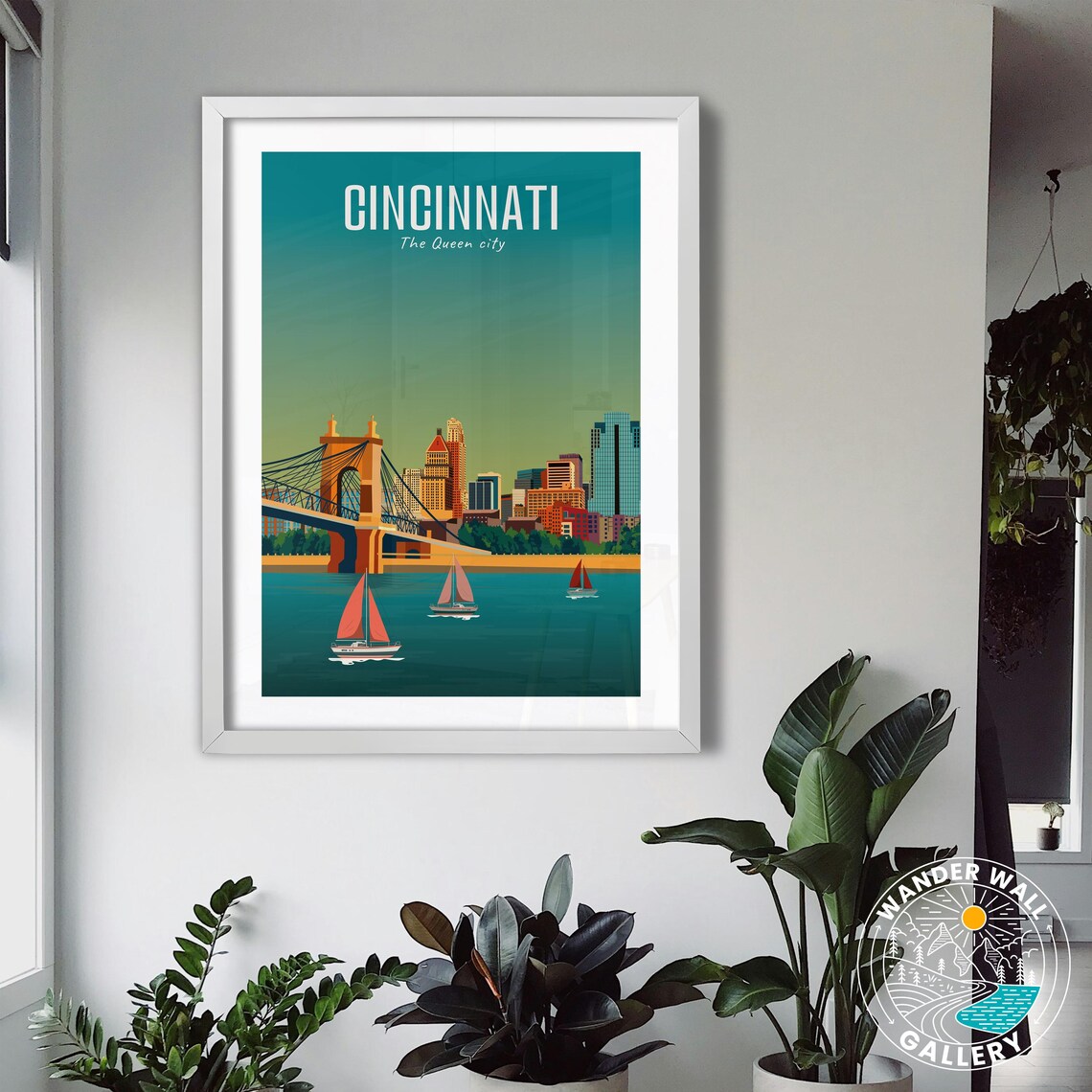 Cincinnati Ohio Queen City Roebling Bridge Retro Travel Poster - Image 3