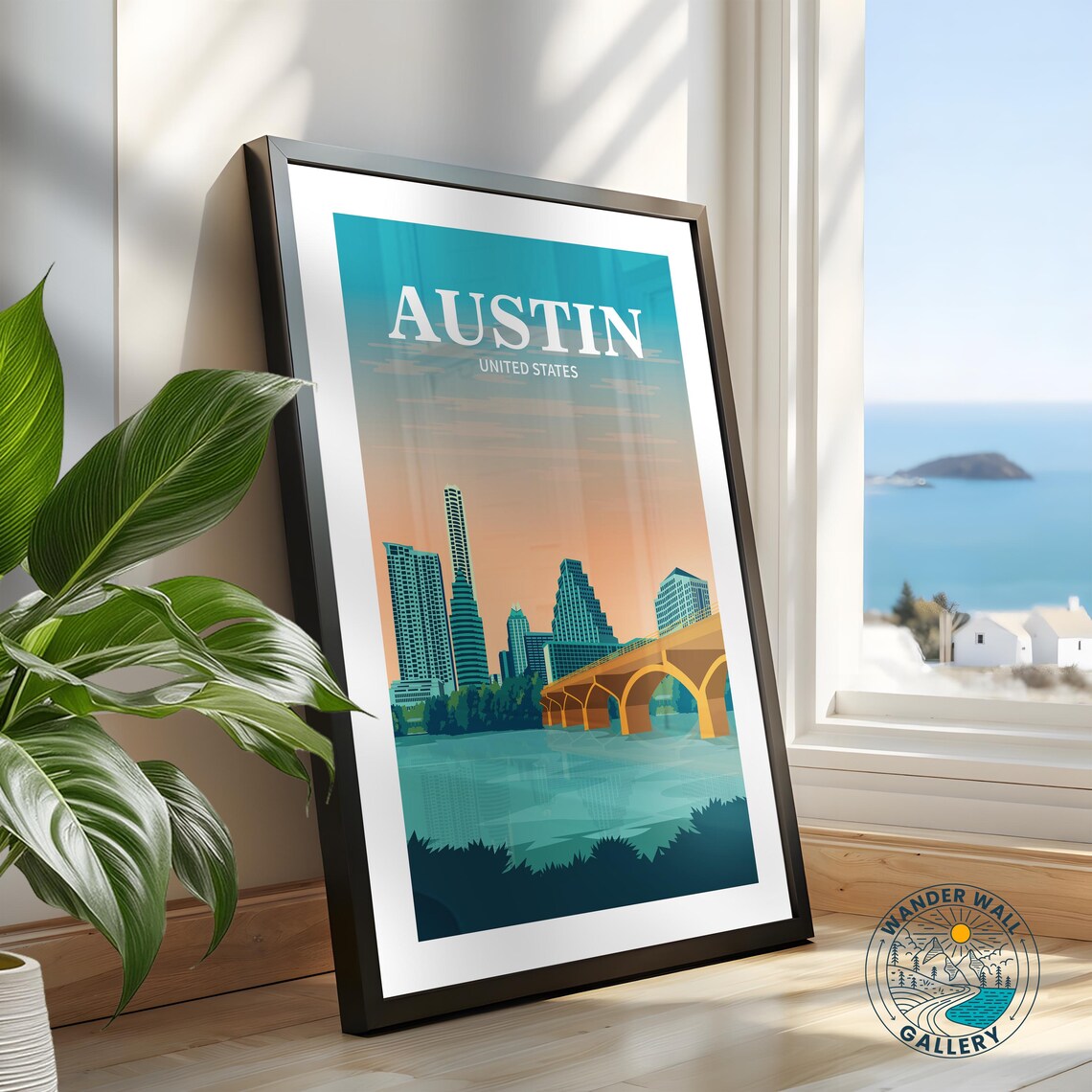Austin Texas Orange Sunset Skyline Arch Bridge Travel Poster - Image 2