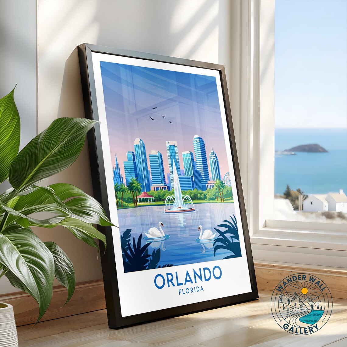Orlando Florida Lake Fountain Swans Skyline Vintage Travel Poster - Image 2