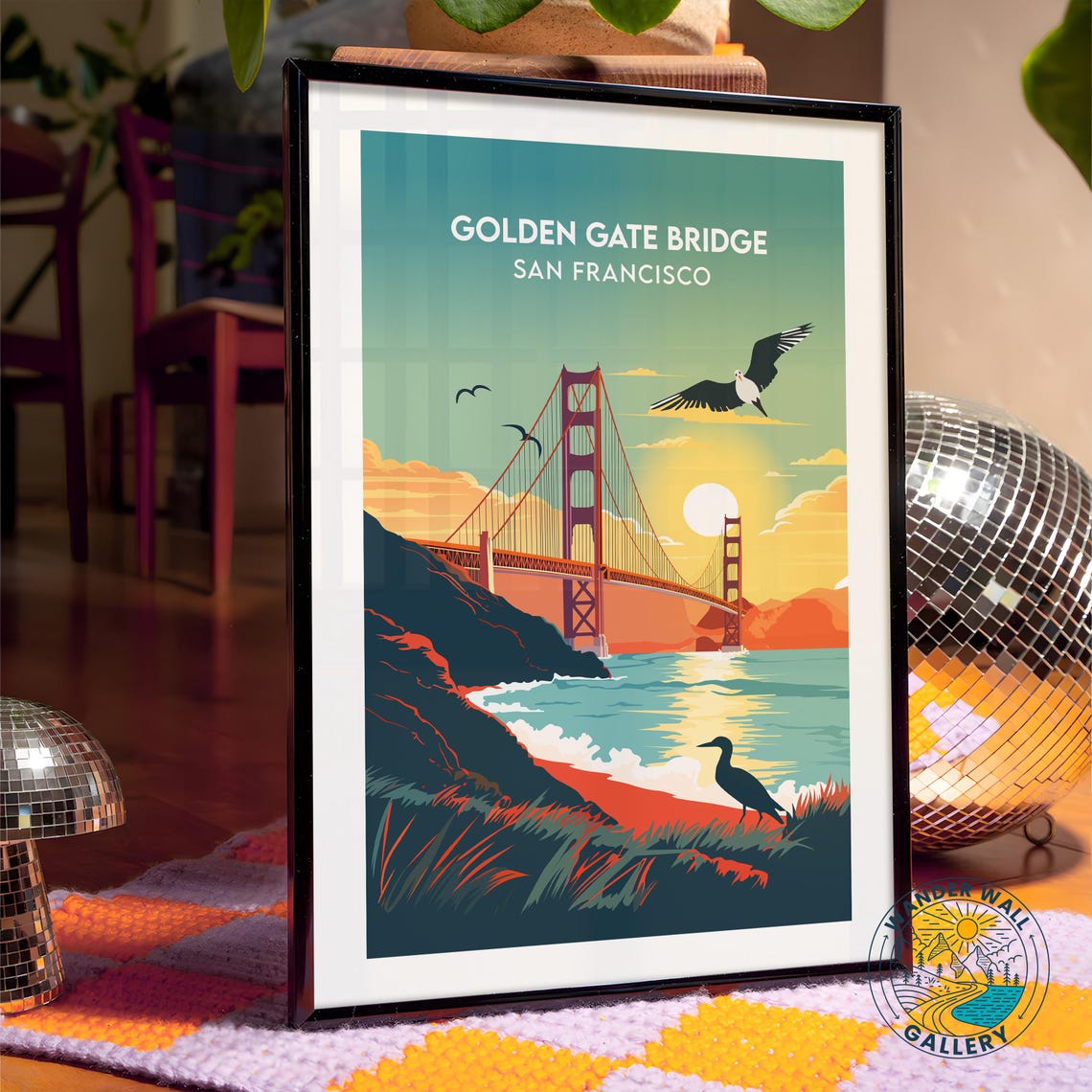 Golden Gate Bridge San Francisco Sunset Seagulls Retro Travel Poster - Image 4