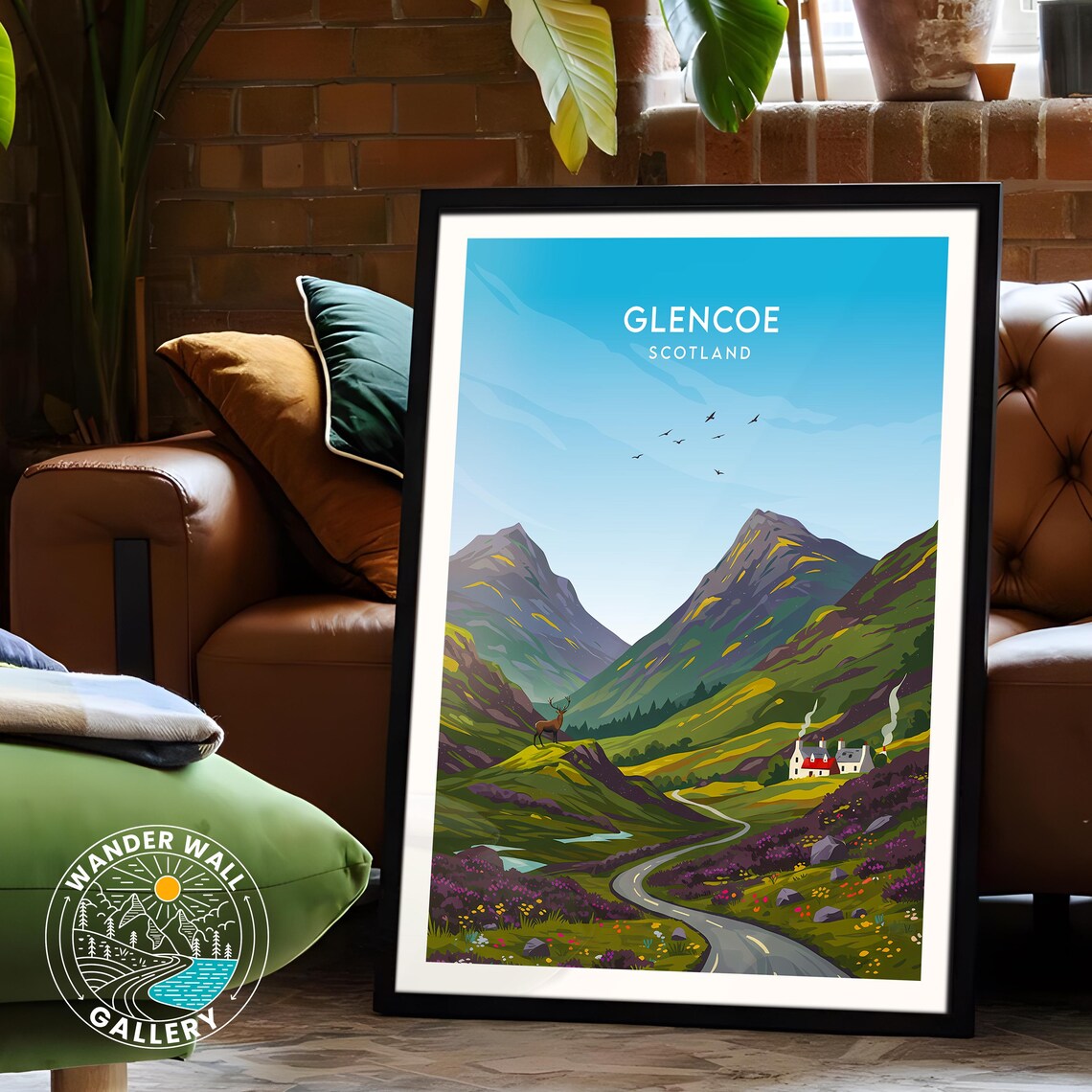 Glencoe Scotland Highland Valley Stag Cottage Mountain Travel Poster - Image 6