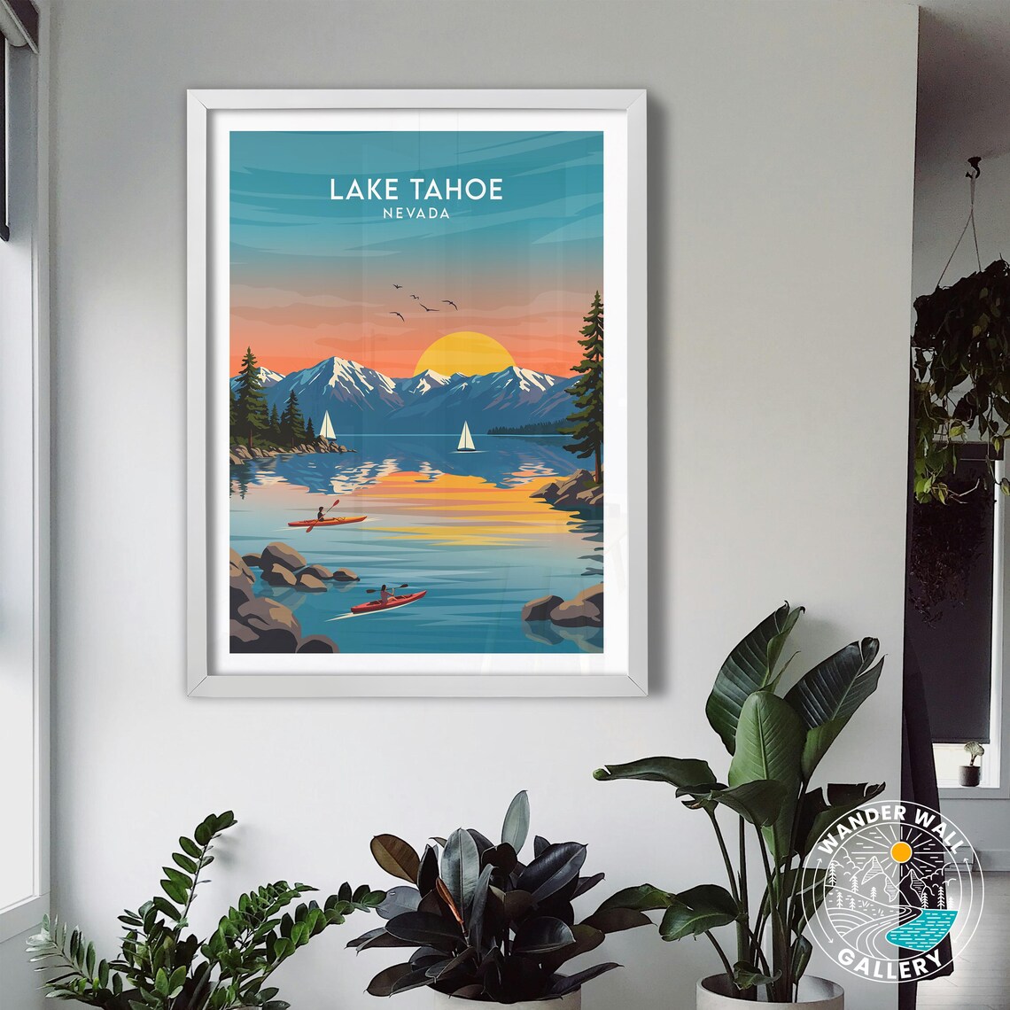 Lake Tahoe Nevada Sunset Kayaks Sailboats Mountain Lake Travel Poster - Image 3