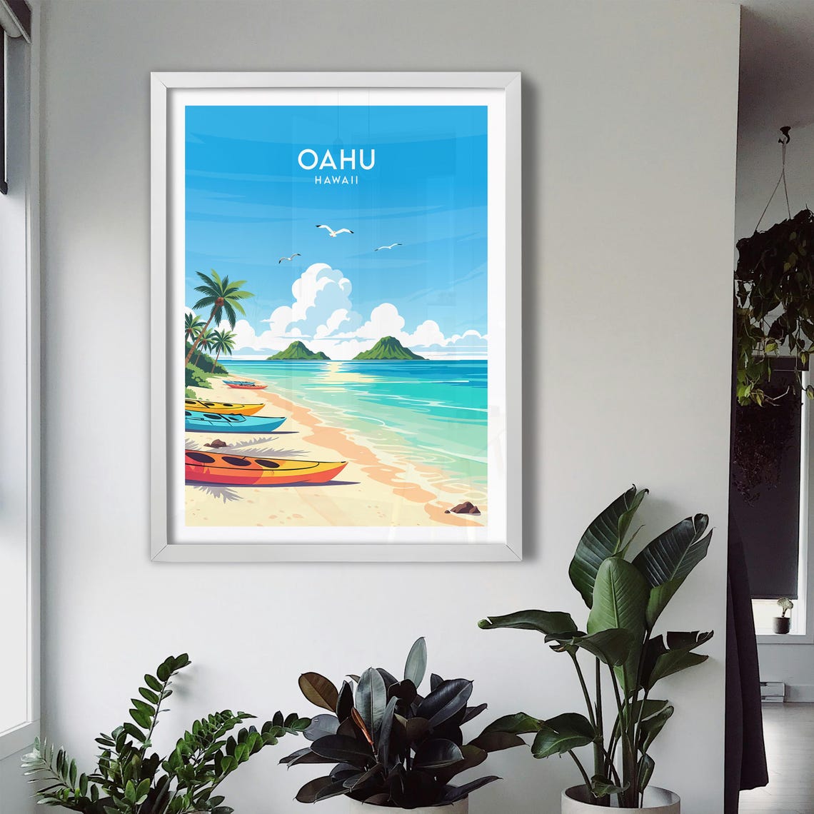 Oahu Hawaii Beach Kayaks Coconut Palms Turquoise Water Poster - Image 3