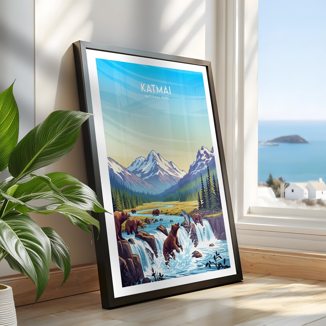 Katmai Alaska Brown Bears Catching Salmon Falls Wildlife Poster - Image 2