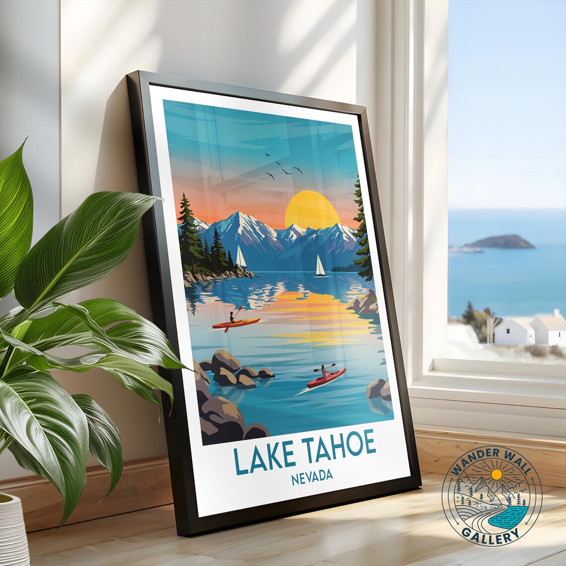 Lake Tahoe Nevada Mountain Lake Sunset Kayak Sailboats Travel Poster - Image 2