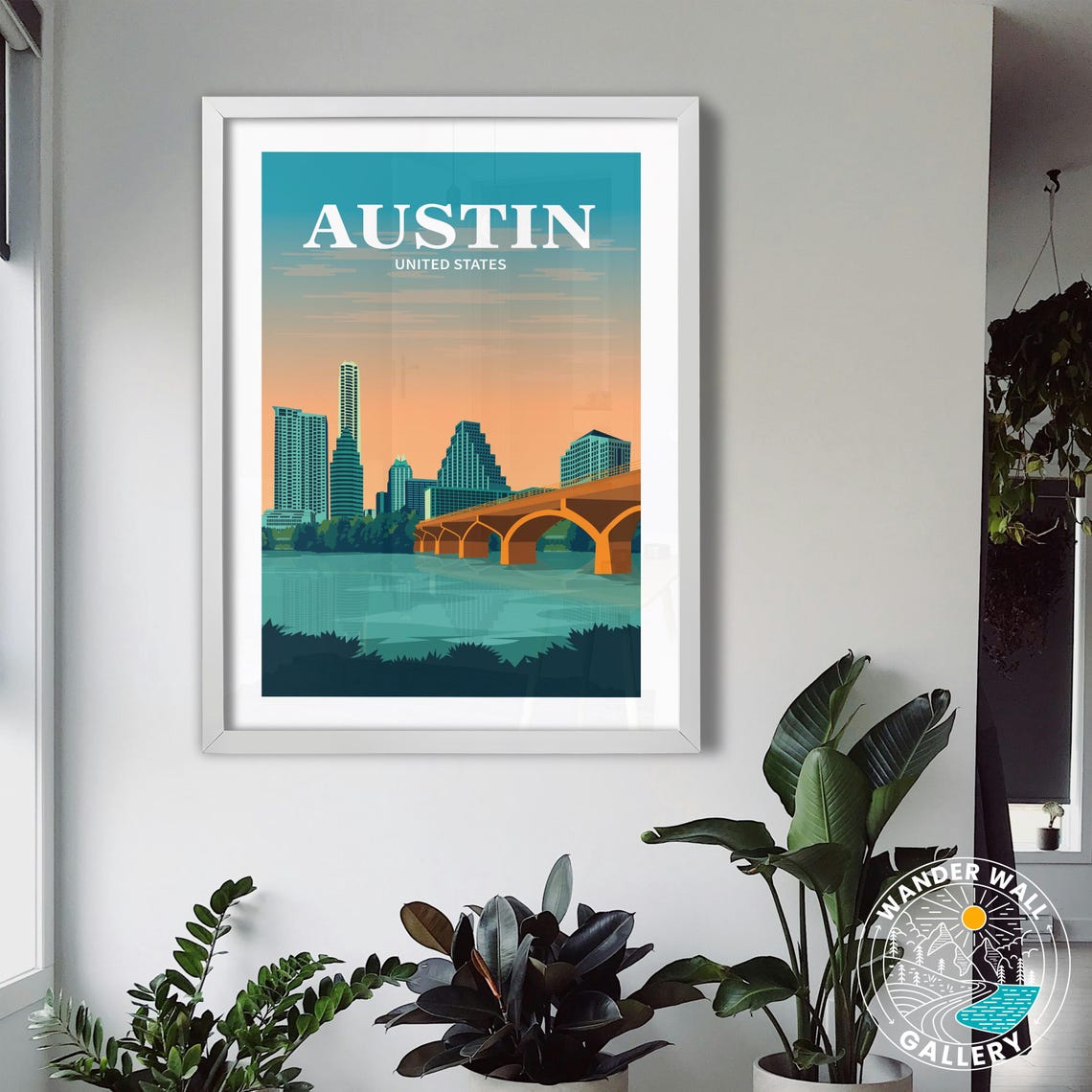 Austin Texas Orange Sunset Skyline Arch Bridge Travel Poster - Image 3