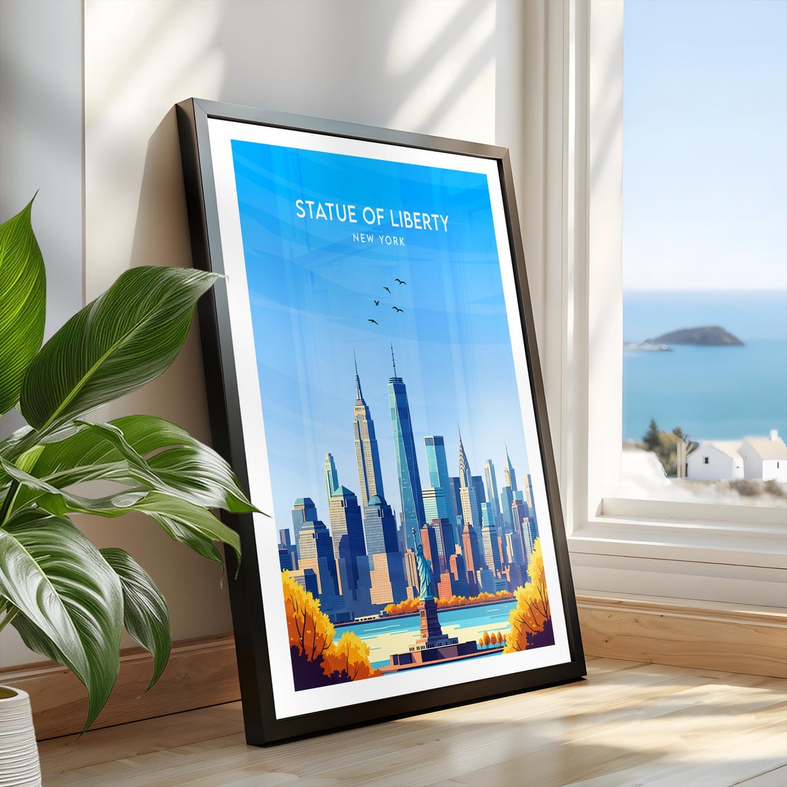 Statue of Liberty New York Harbor Skyline Fall Season Art Poster - Image 2