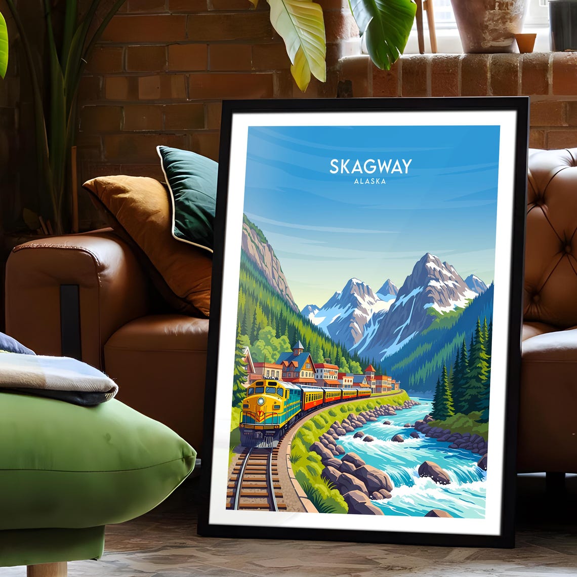 Skagway Alaska Railroad Engine Passing Colorful Downtown River Poster - Image 6