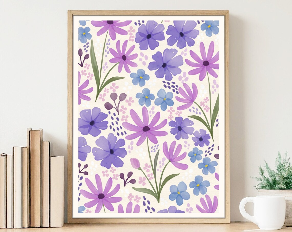 Purple Wildflowers Blue Watercolor Botanical Art Print