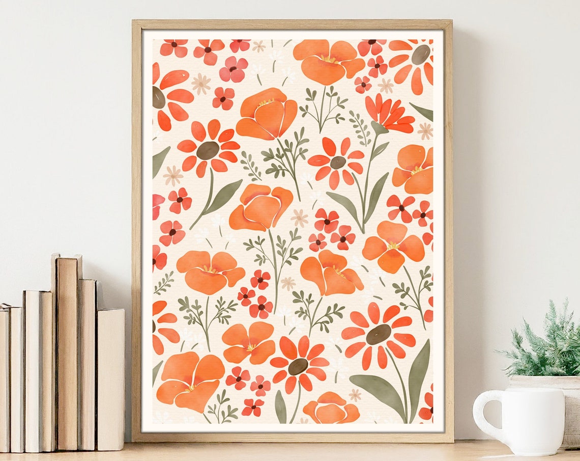 Poppy And Wildflowers Print Orange Floral Wall Art Poster Flower Market 5x7 8x10 11x14 16x20 18x24 24x36