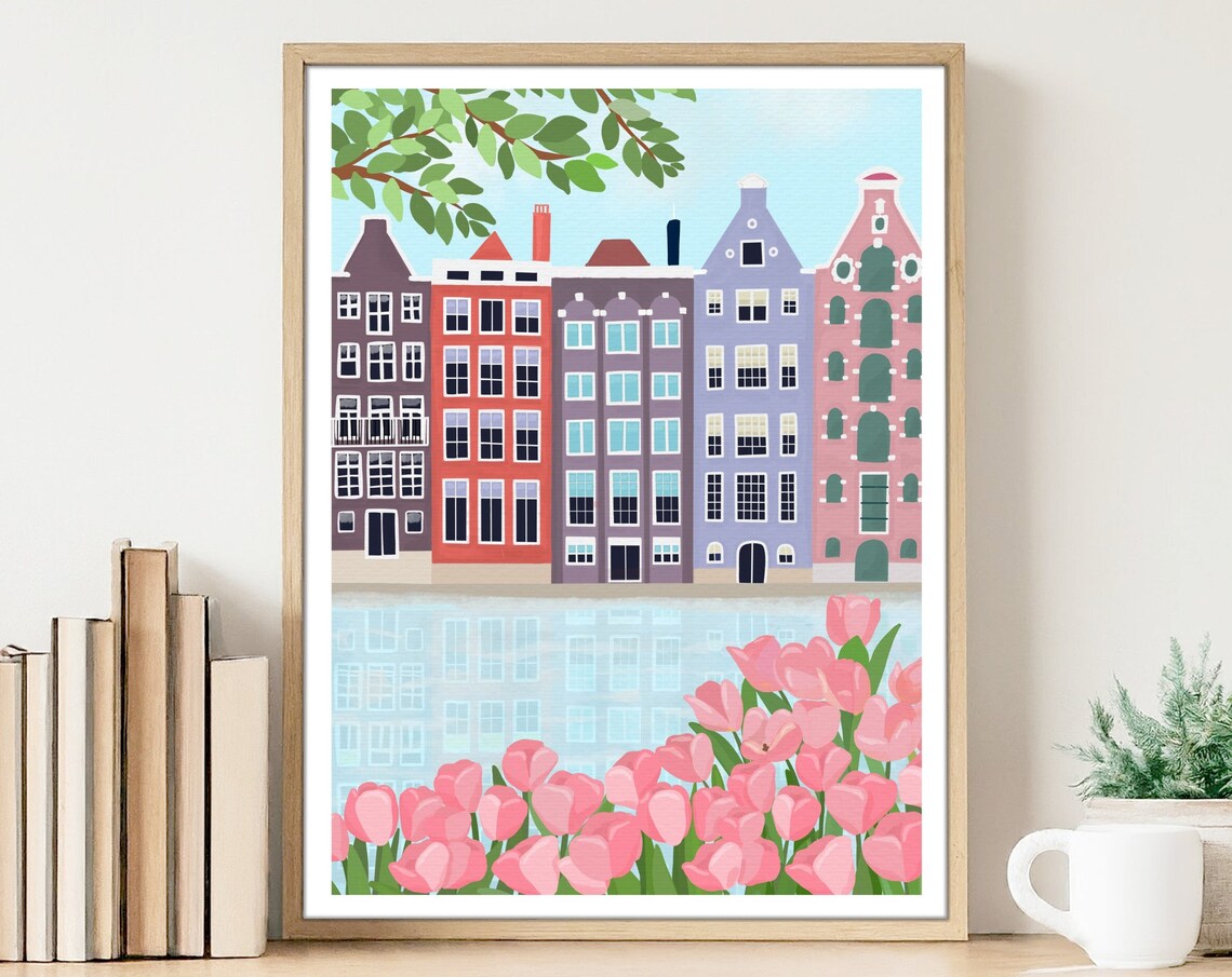 Amsterdam Canal Houses Row Pink Tulips Vintage Travel Poster Art
