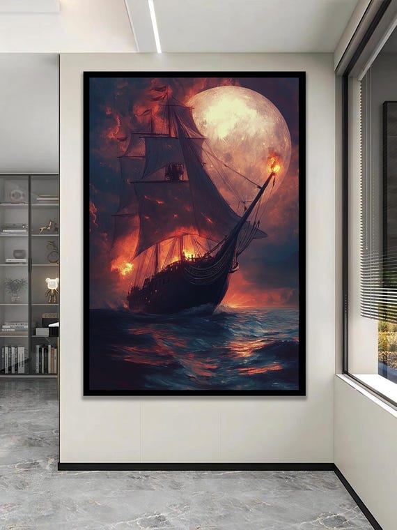 Sailing Ship On Fire Under Full Moon Dramatic Ocean Night Canvas Art