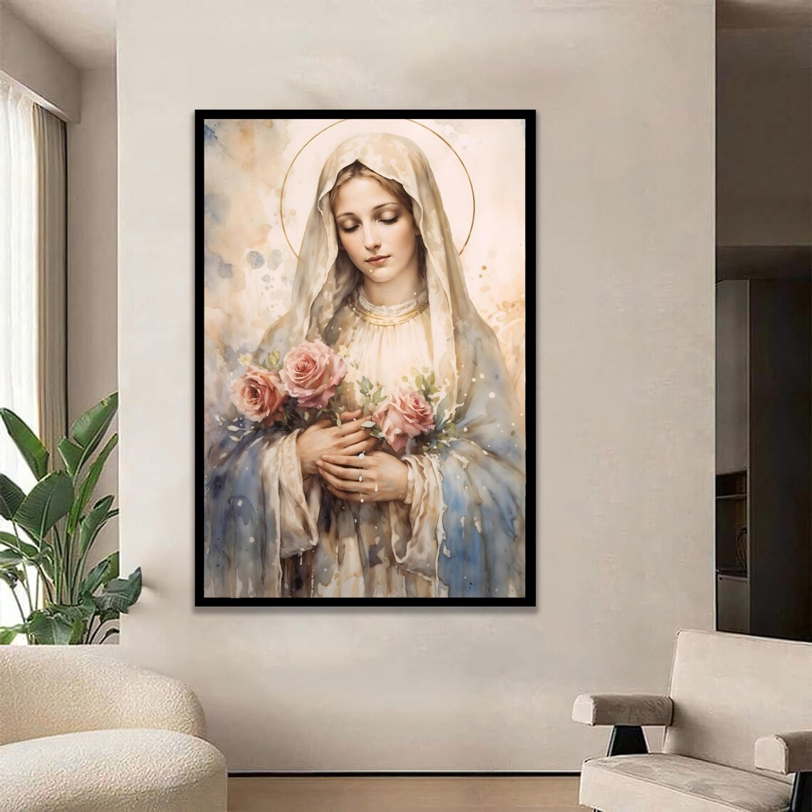 Virgin Mary Holding Roses Soft Watercolor Religious Wall Art
