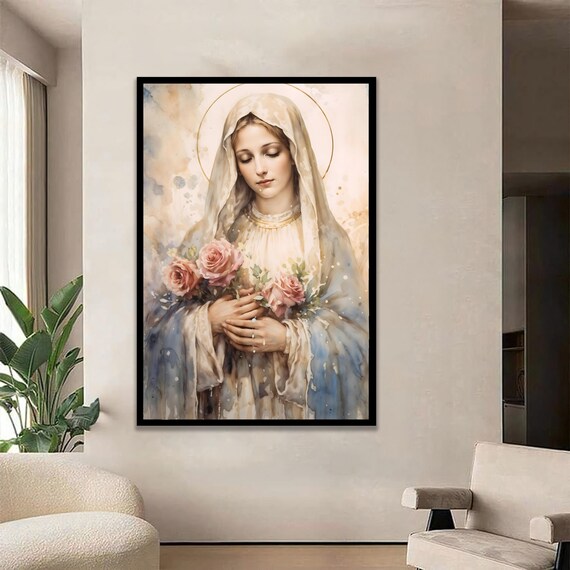 Virgin Mary Holding Roses Soft Watercolor Religious Wall Art