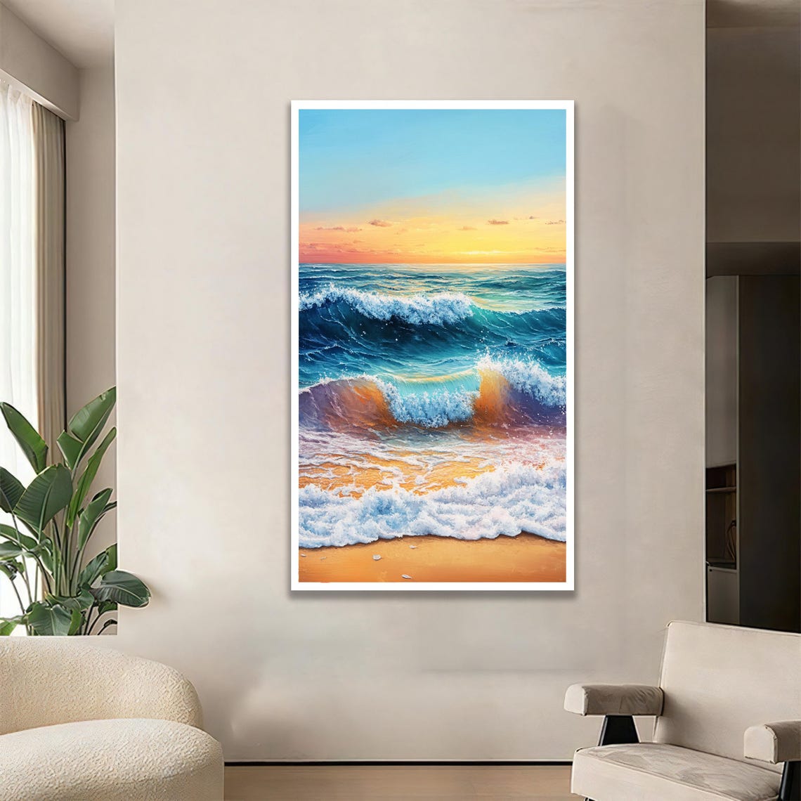 Ocean Waves Crashing on Golden Sand Sunset Coastal Painting Poster
