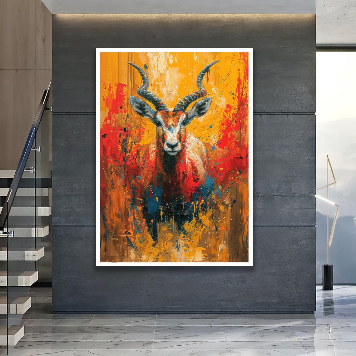 Horned Antelope Abstract Expressionist Orange Splash Art Poster
