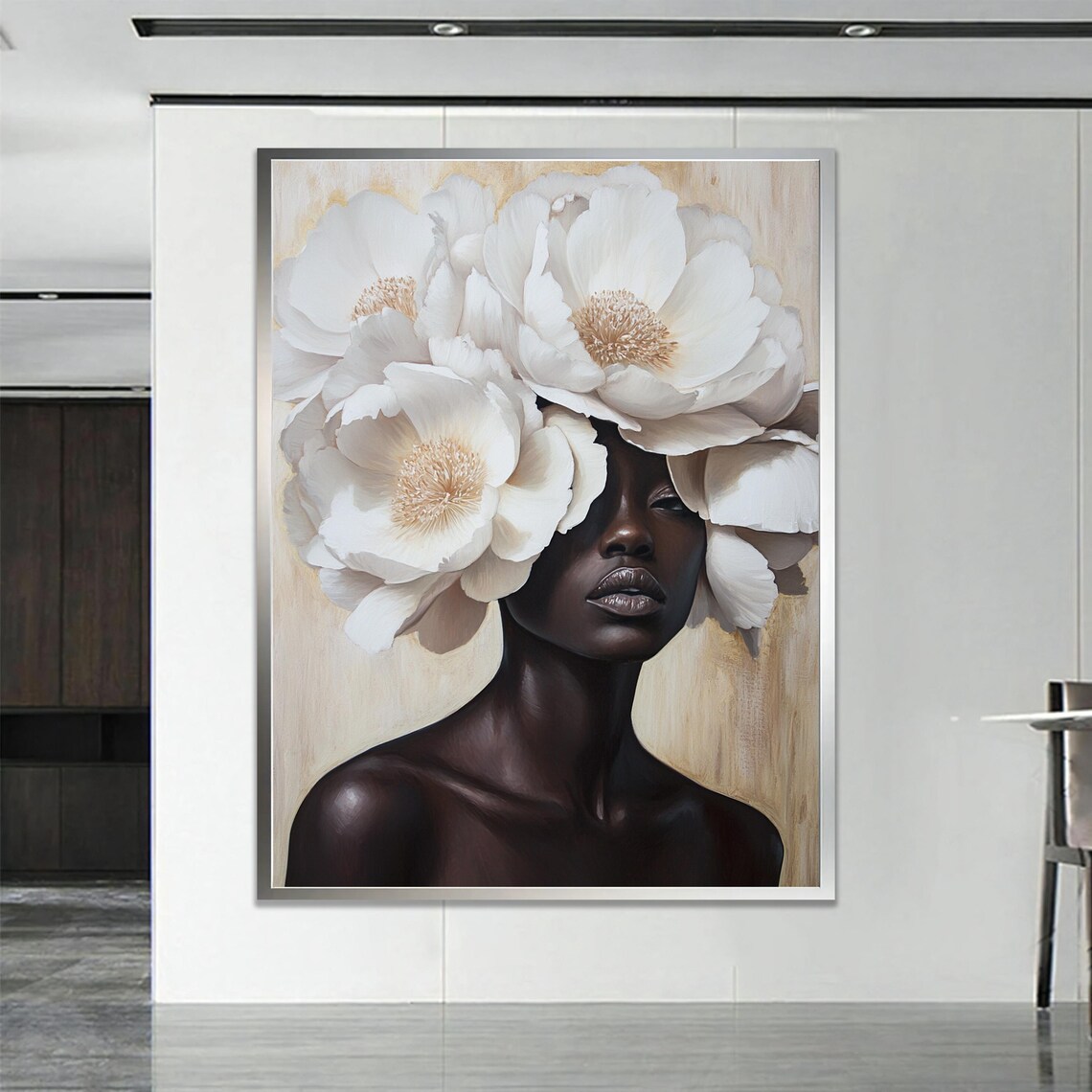 Black Woman White Floral Headdress Elegant Beauty Portrait Poster