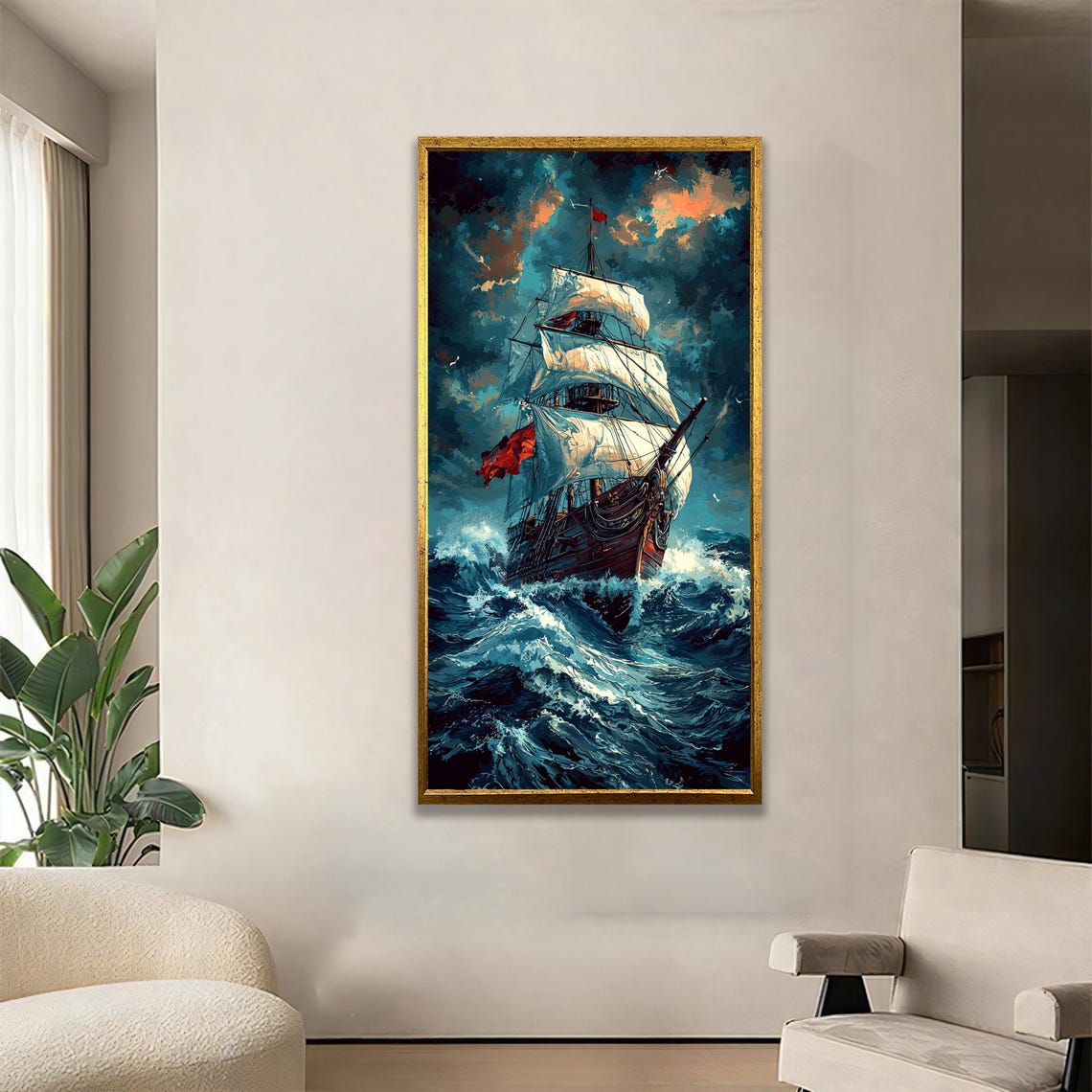 Tall Sailing Ship Stormy Ocean Waves Dramatic Nautical Art Poster