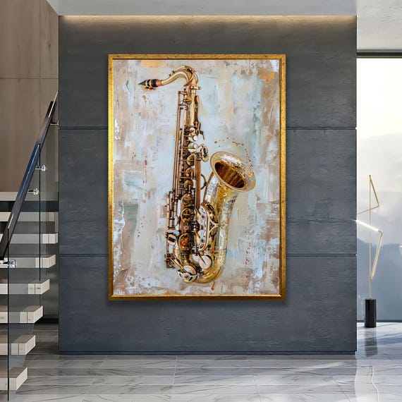 Golden Saxophone Wall Art Jazz Music Canvas Print Musical Instrument Decor