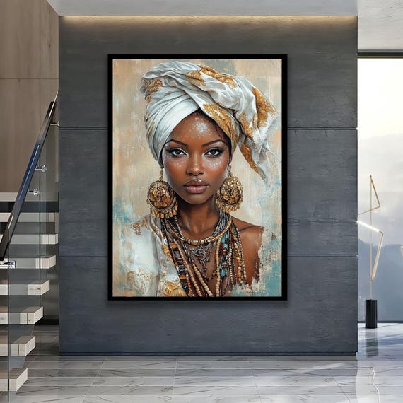 African Woman With Statement Jewelry Ethnic Earrings And Necklace Canvas Cultural Portrait Wall Art