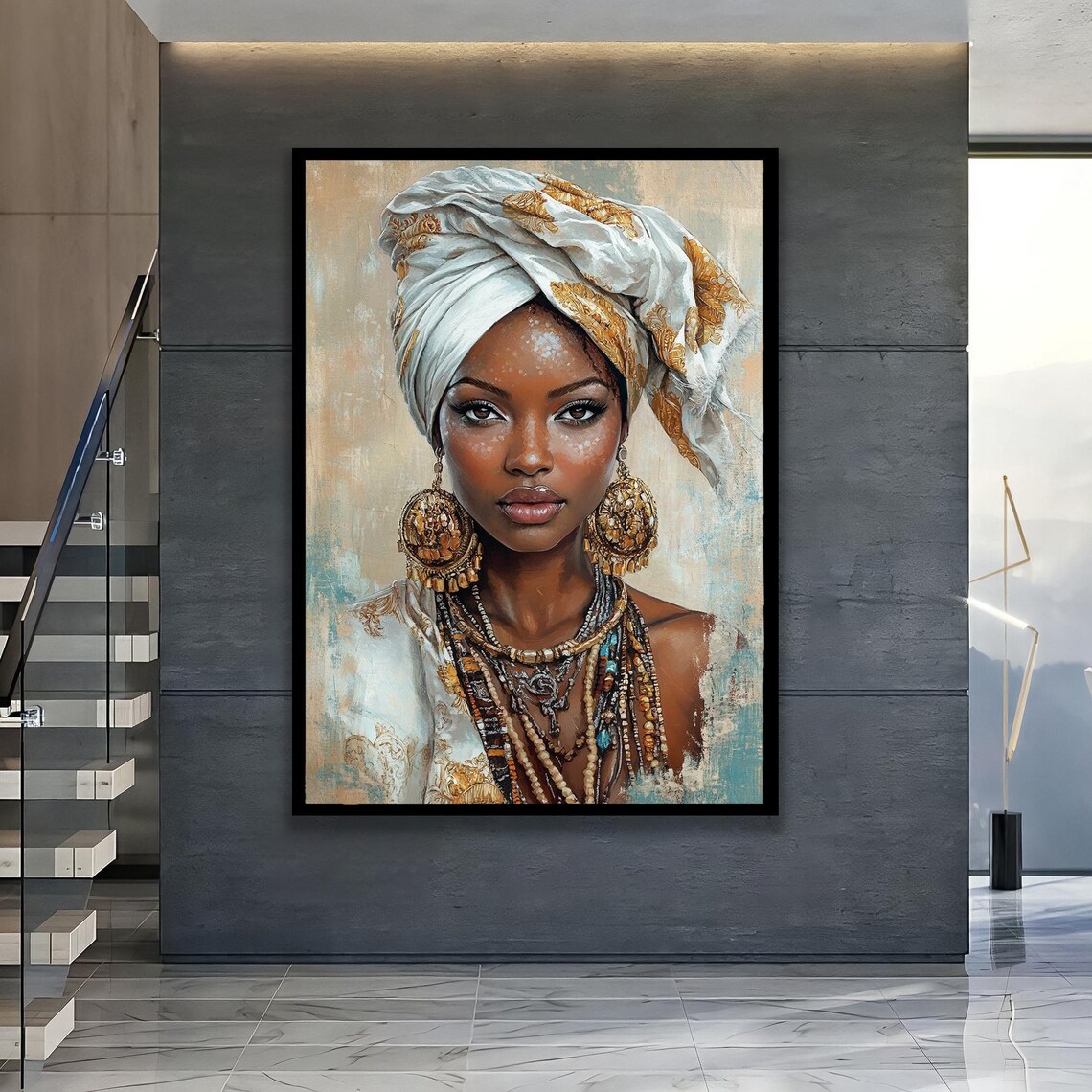 African Woman White Headwrap Gold Jewelry Elegant Portrait Poster