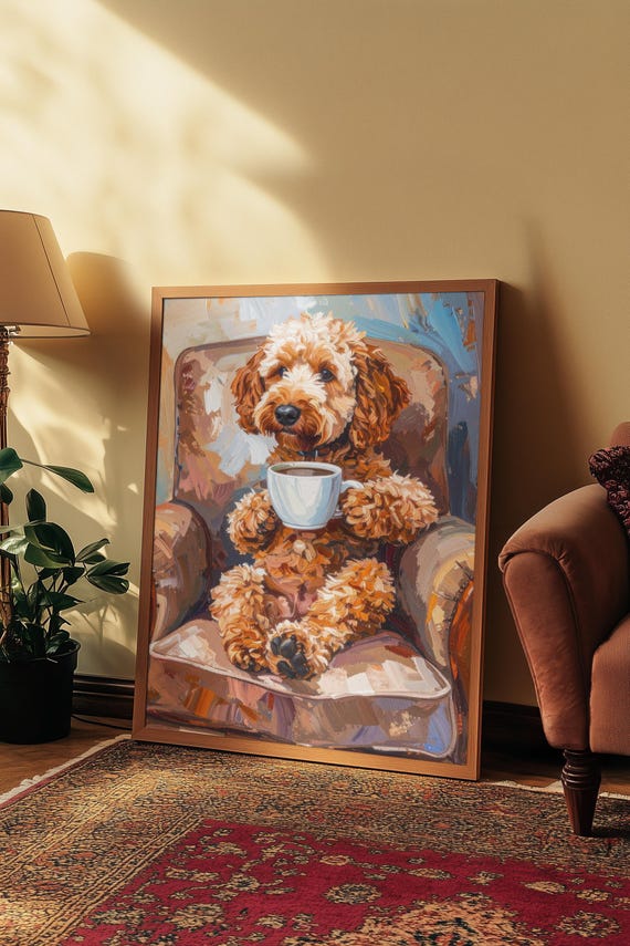 Textured Cockapoo Oil Painting Print Funny Style Portrait Drinking Coffee Golden Doodle Canvas Gift