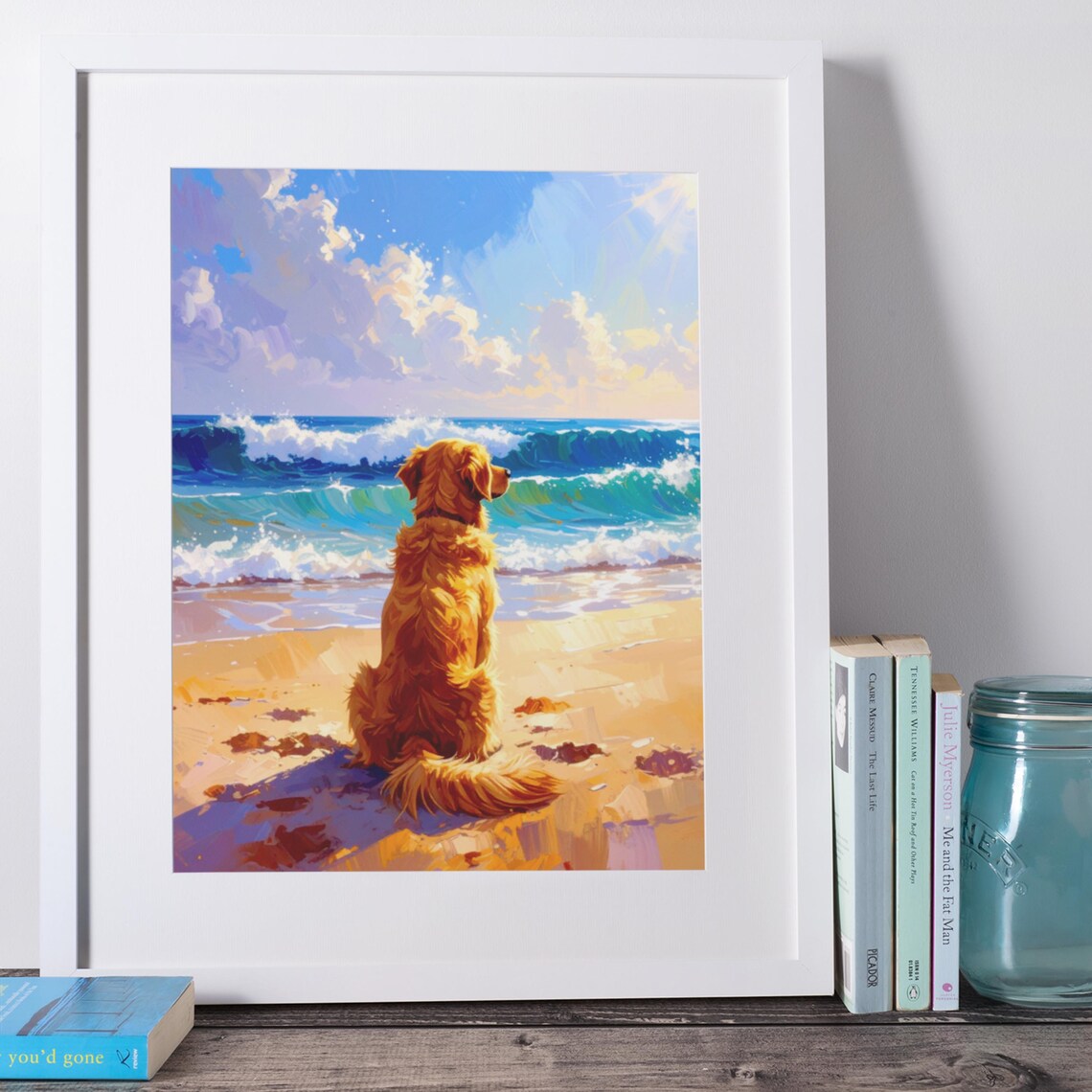 Golden Retriever Sitting on Sunny Beach Watching Waves Art Poster