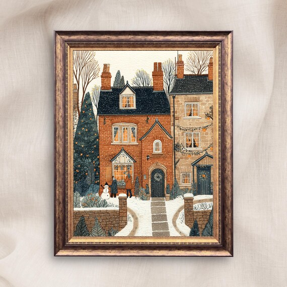 Cozy Winter Morning Snowy Brick Cottage Festive Holiday Wall Art