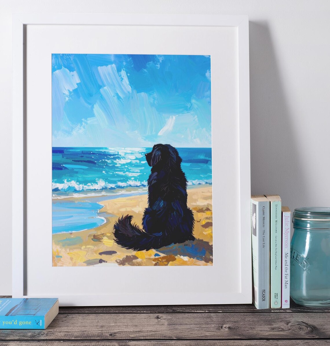 Newfoundland Dog on Sunny Beach Oil Painting Style Dog Poster
