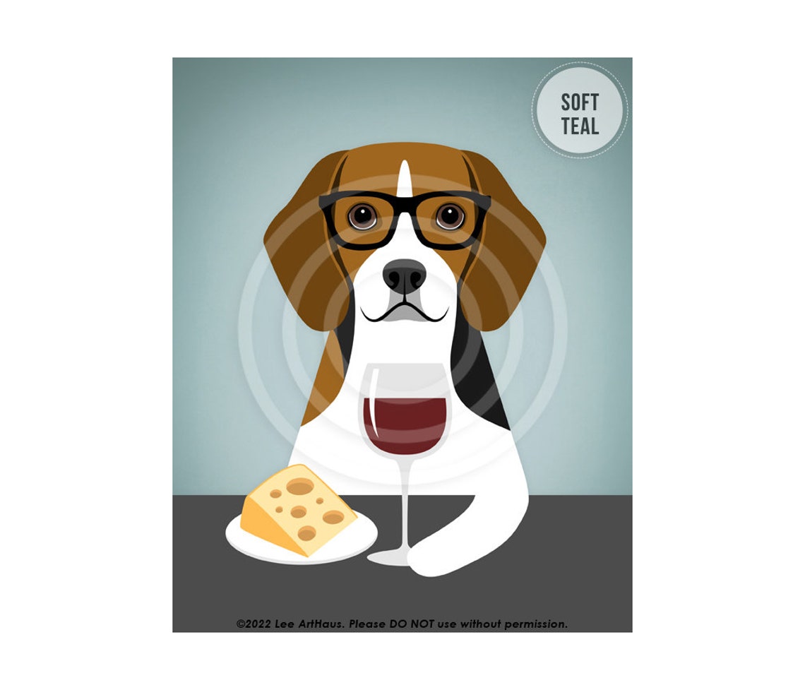 Beagle Wearing Glasses With Red Wine and Cheese Funny Dog Poster