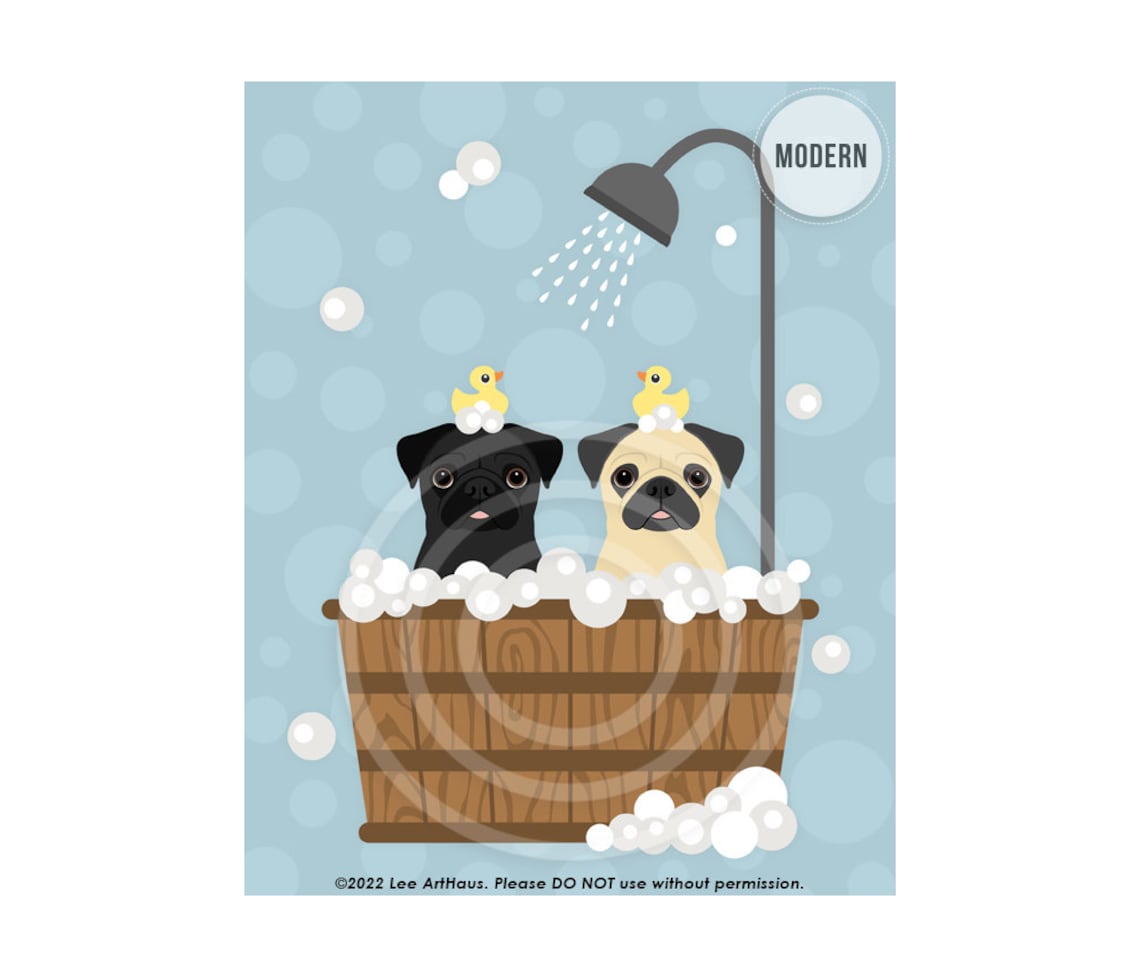 Two Pugs In Wooden Bathtub Under Shower Funny Dog Art Poster
