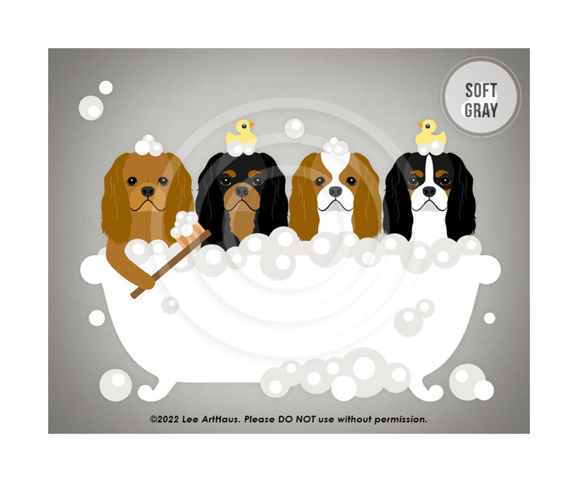 Four Cavalier King Charles Spaniels Bubble Bath Funny Dog Poster - Image 3