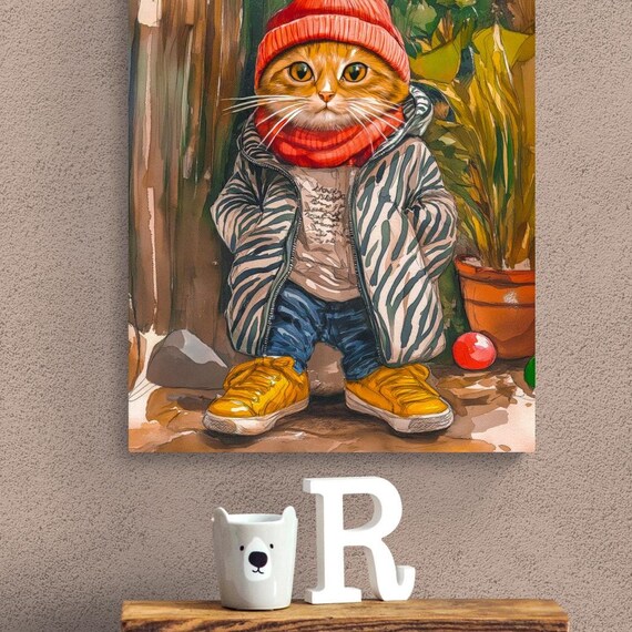 Cool Cat Winter Outfit Red Beanie Striped Jacket Funny Cat Poster