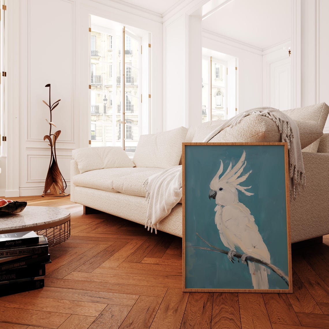 White Cockatoo Perched on a Branch Against Blue Painting Poster - Image 2