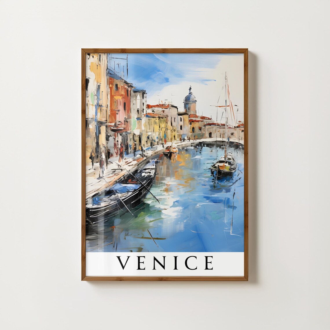 Venice Canal Moored Boats Watercolor Serene Cityscape Travel Poster