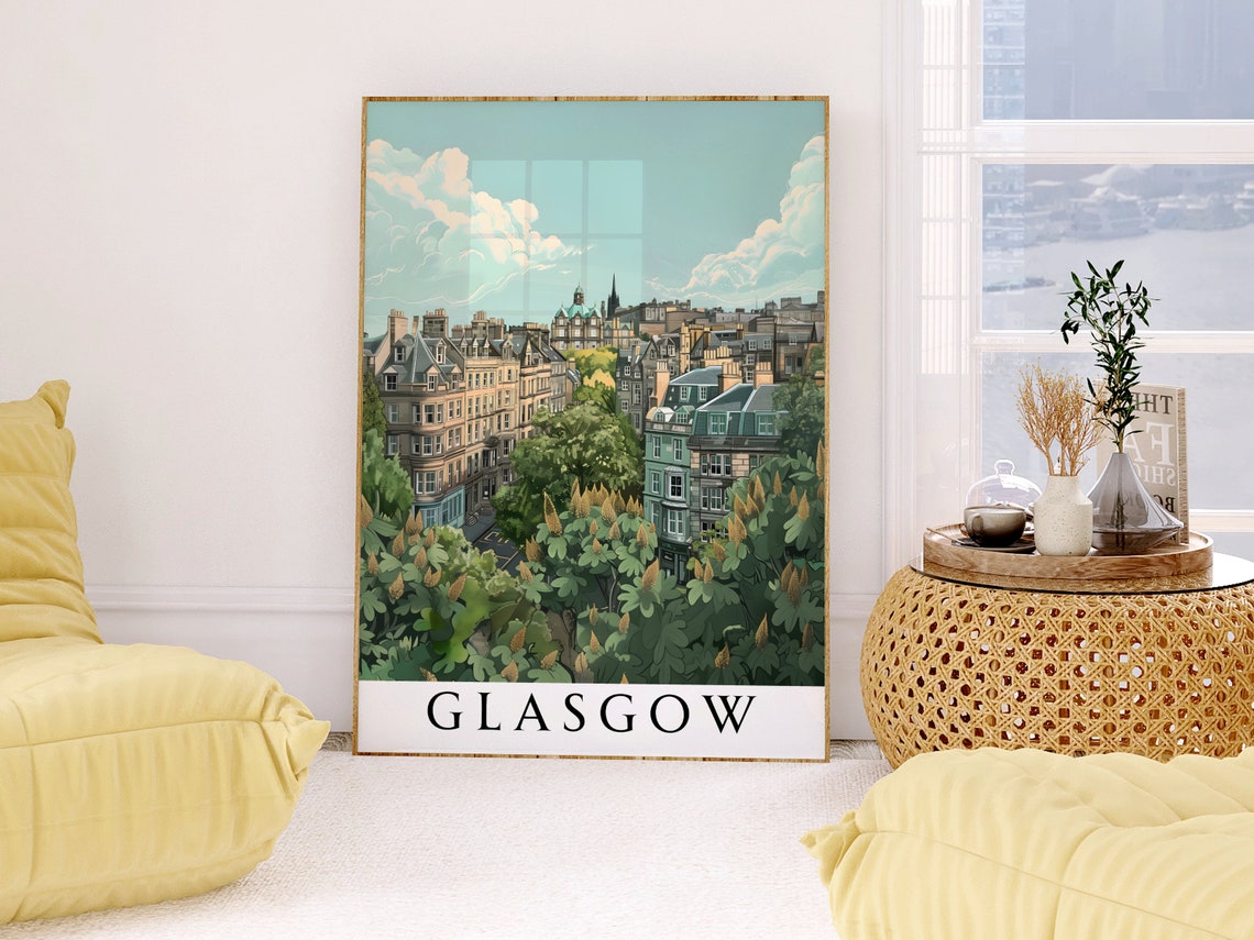 Glasgow City Rooftops Over Trees Illustrated Travel Art Poster - Image 2
